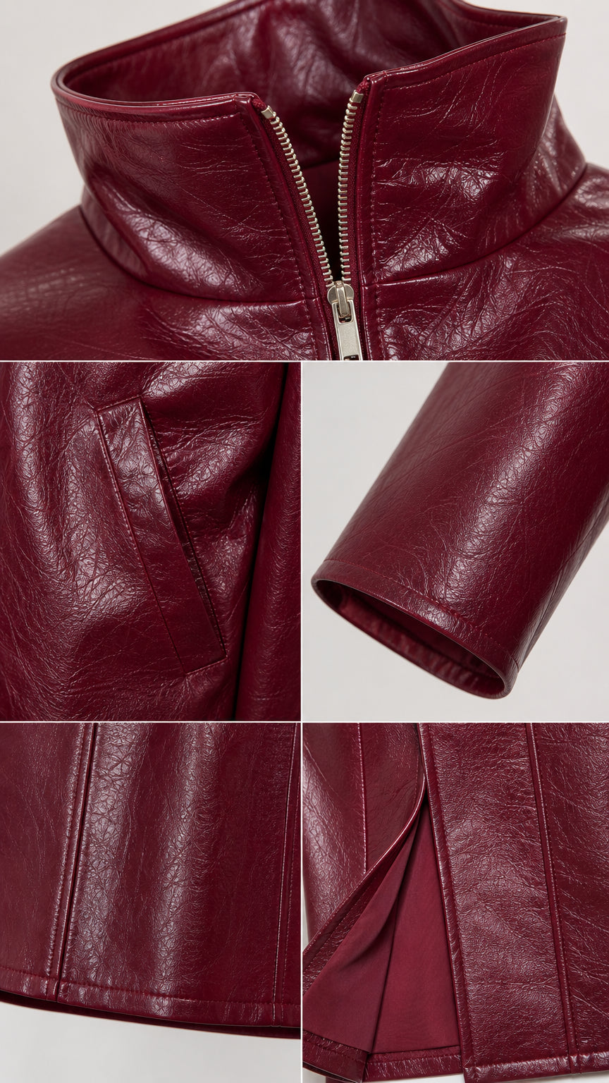 Close up of jacket collar zipper, pocket, sleeve cuff, and skirt hem details in burgundy