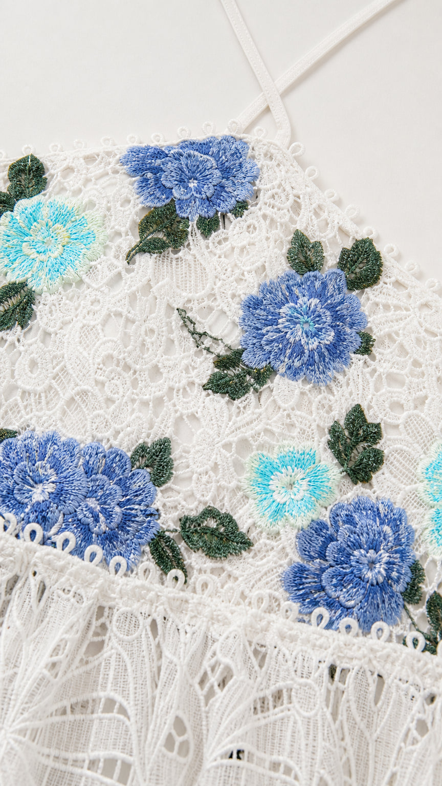 Close-up detail of blue and green floral embroidery on white lace