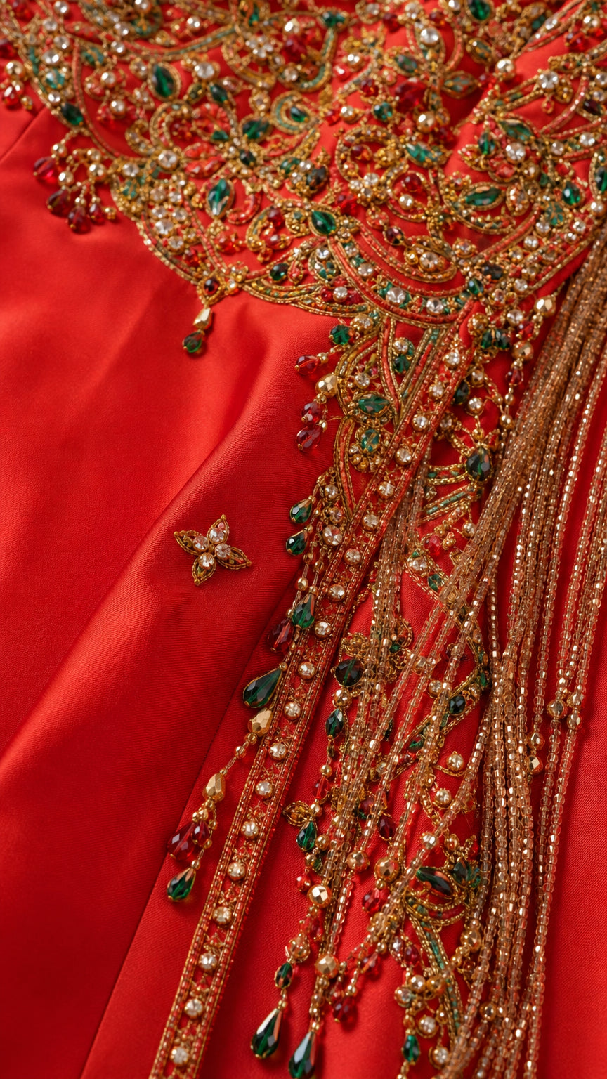 Close-up of beaded bodice and fringe details