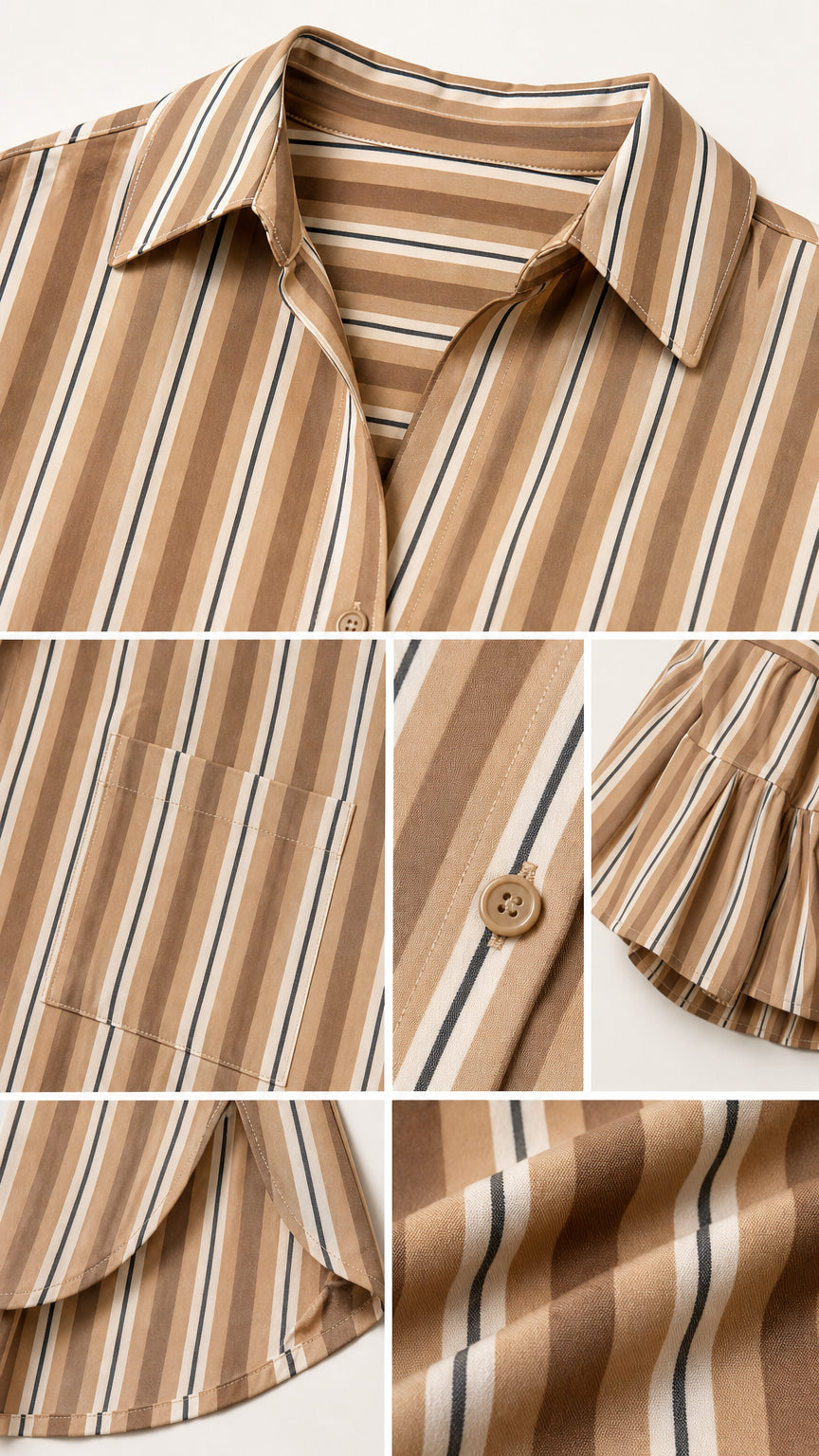 Close-up details of collar, pocket, buttons, and fabric texture