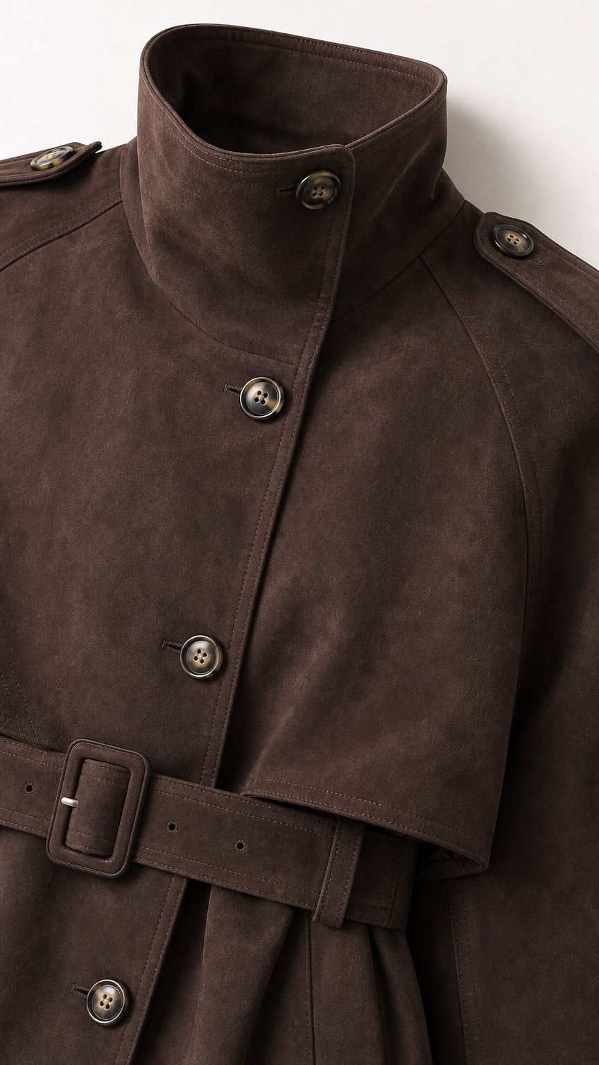 Close-up of brown trench jacket collar, buttons, and belt detail
