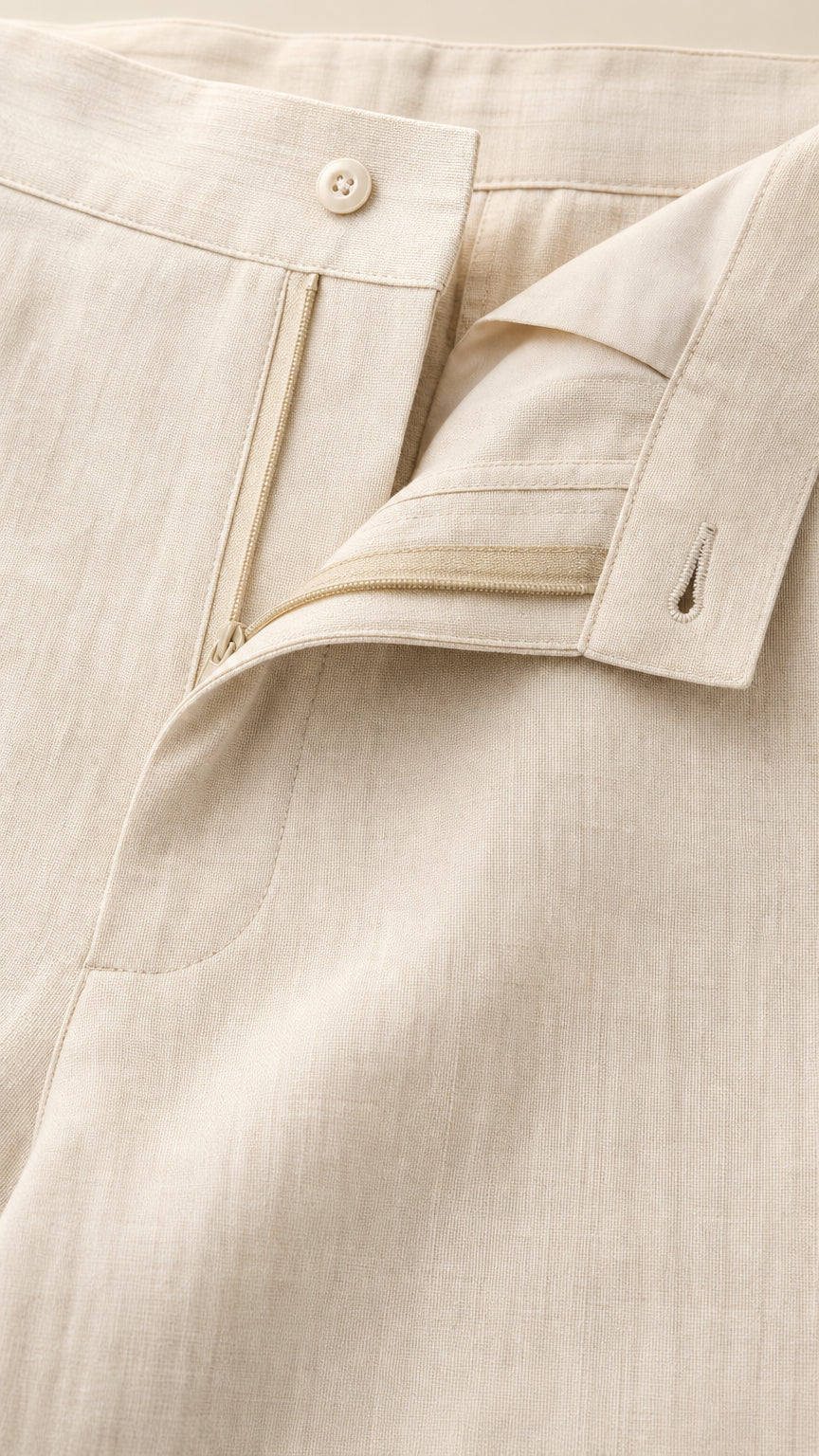 Close-up detail of zipper fly and button waistband on beige jumpsuit
