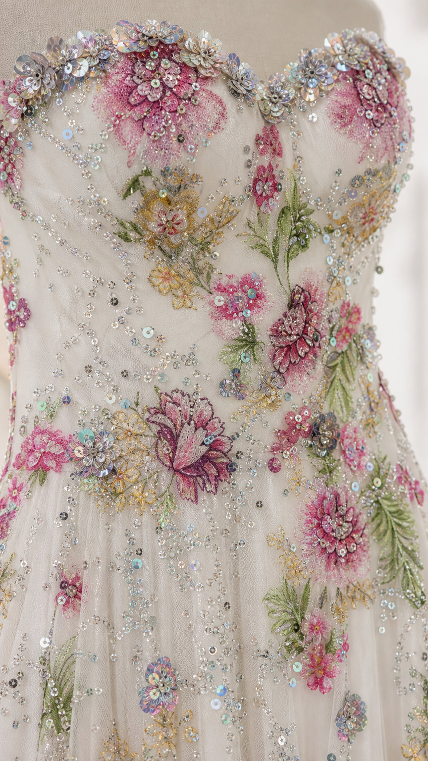 Close-up detail of sweetheart neckline with floral embroidery, sequins, and beading