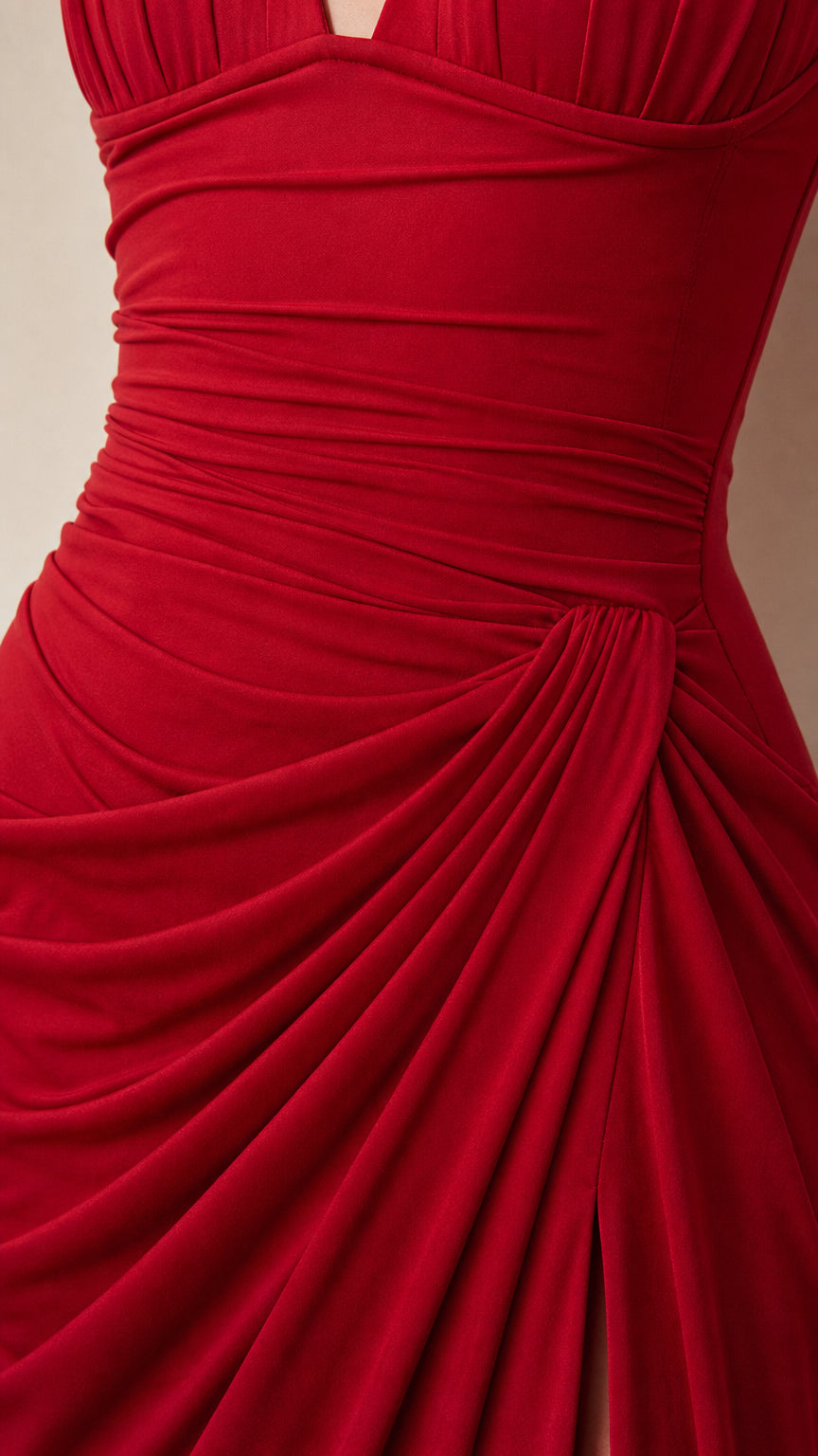 Close-up detail of ruching and drapery on the red evening dress