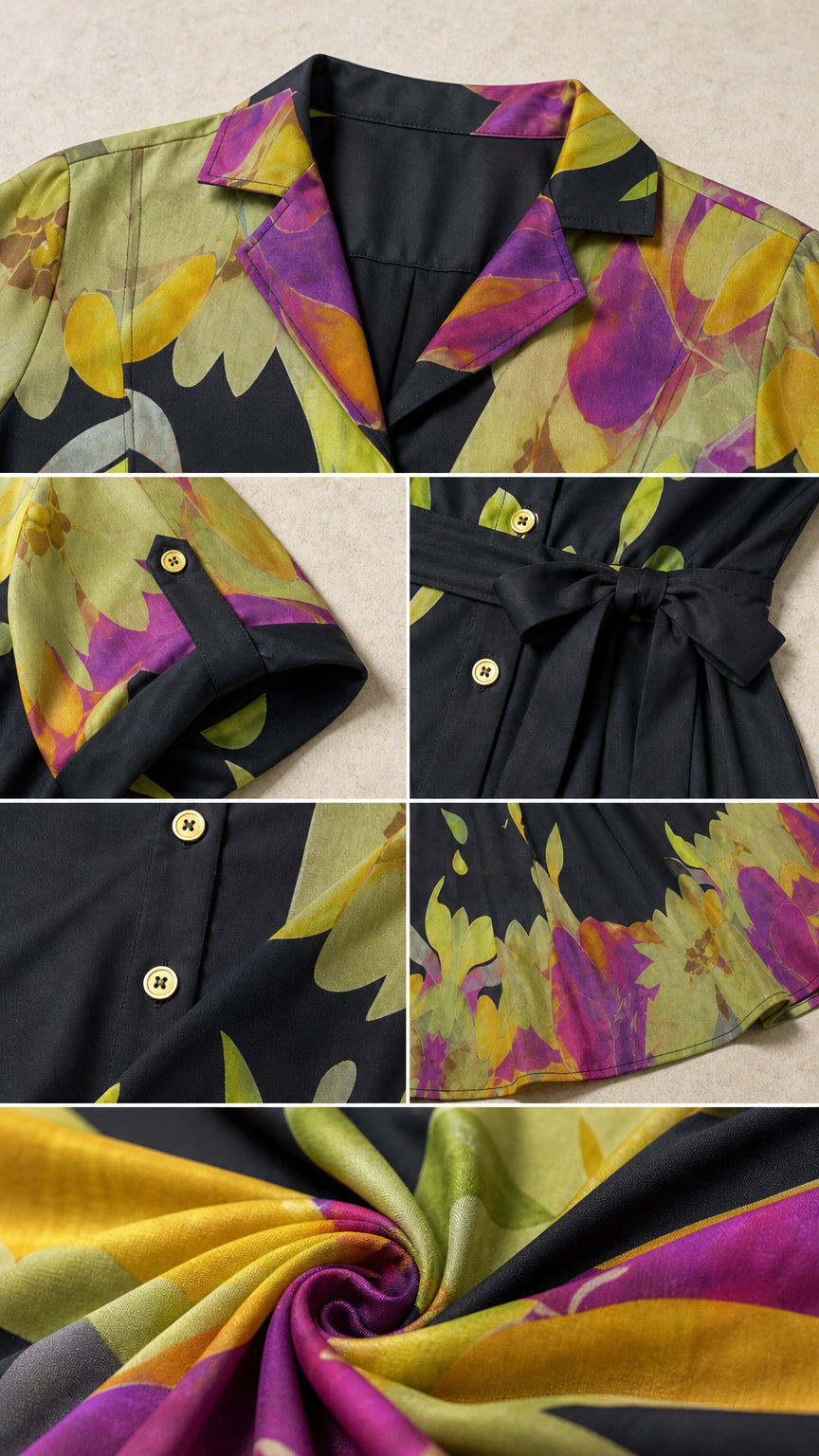 Close-up details of collar, cuff buttons, waist tie, and vibrant floral fabric