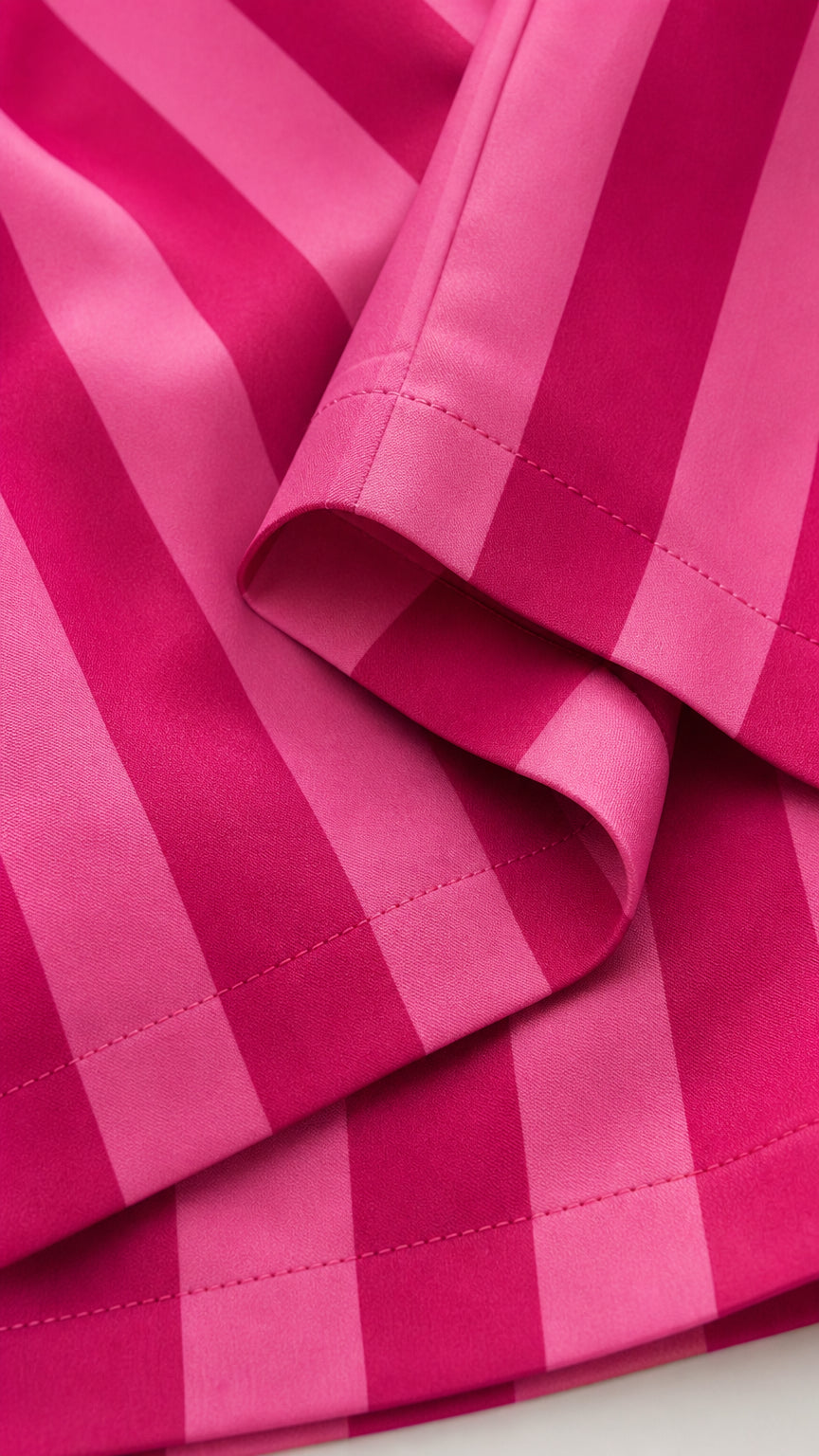 Close-up detail of hot pink striped woven fabric texture and hem