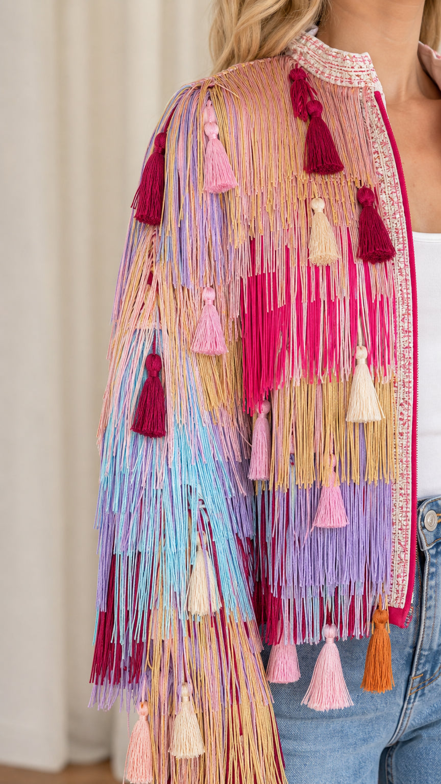 Close-up detail of tiered fringe texture, hanging tassels, and beaded collar