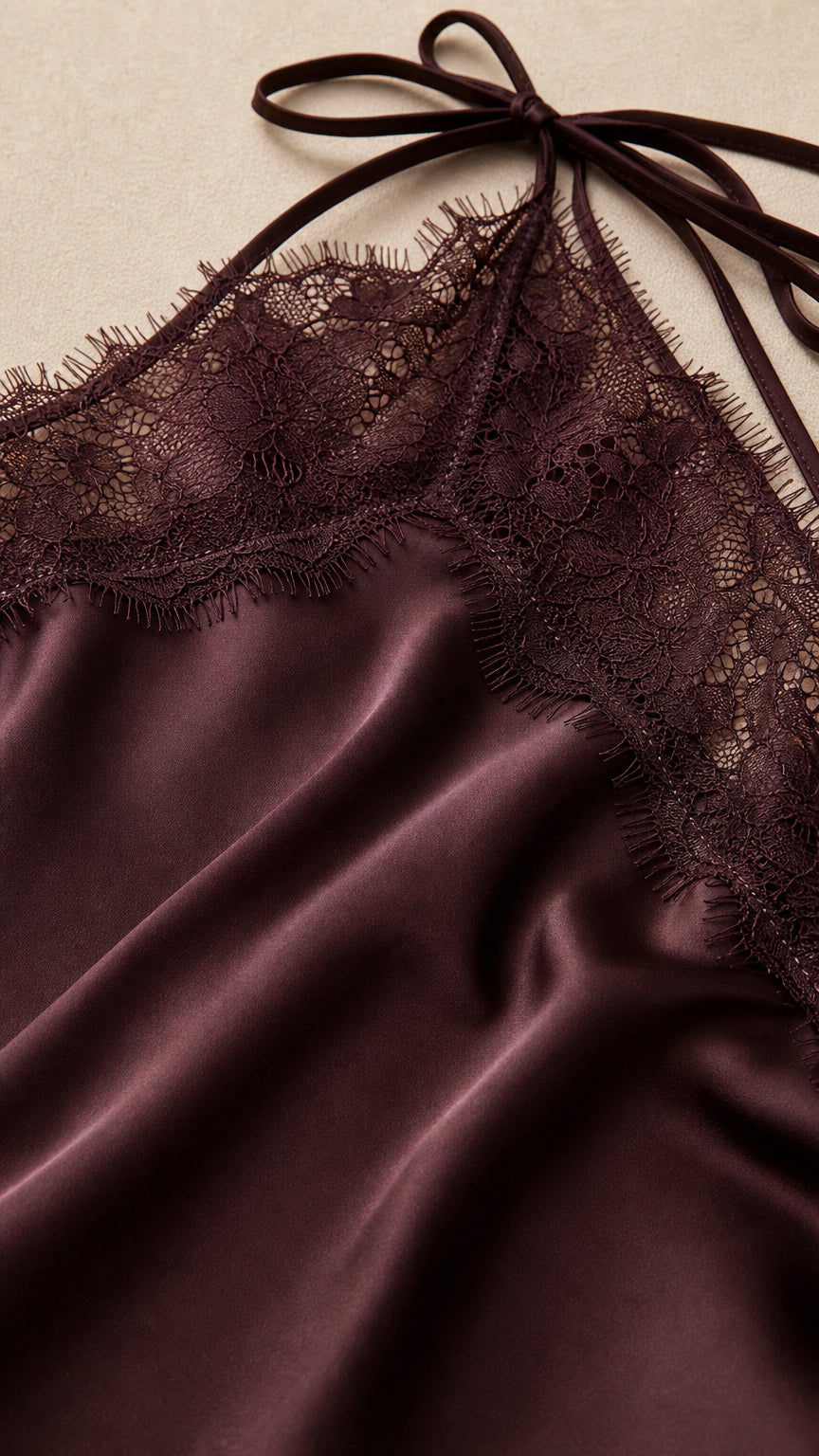 Close-up of delicate eyelash lace trim and lustrous Deep Plum satin fabric