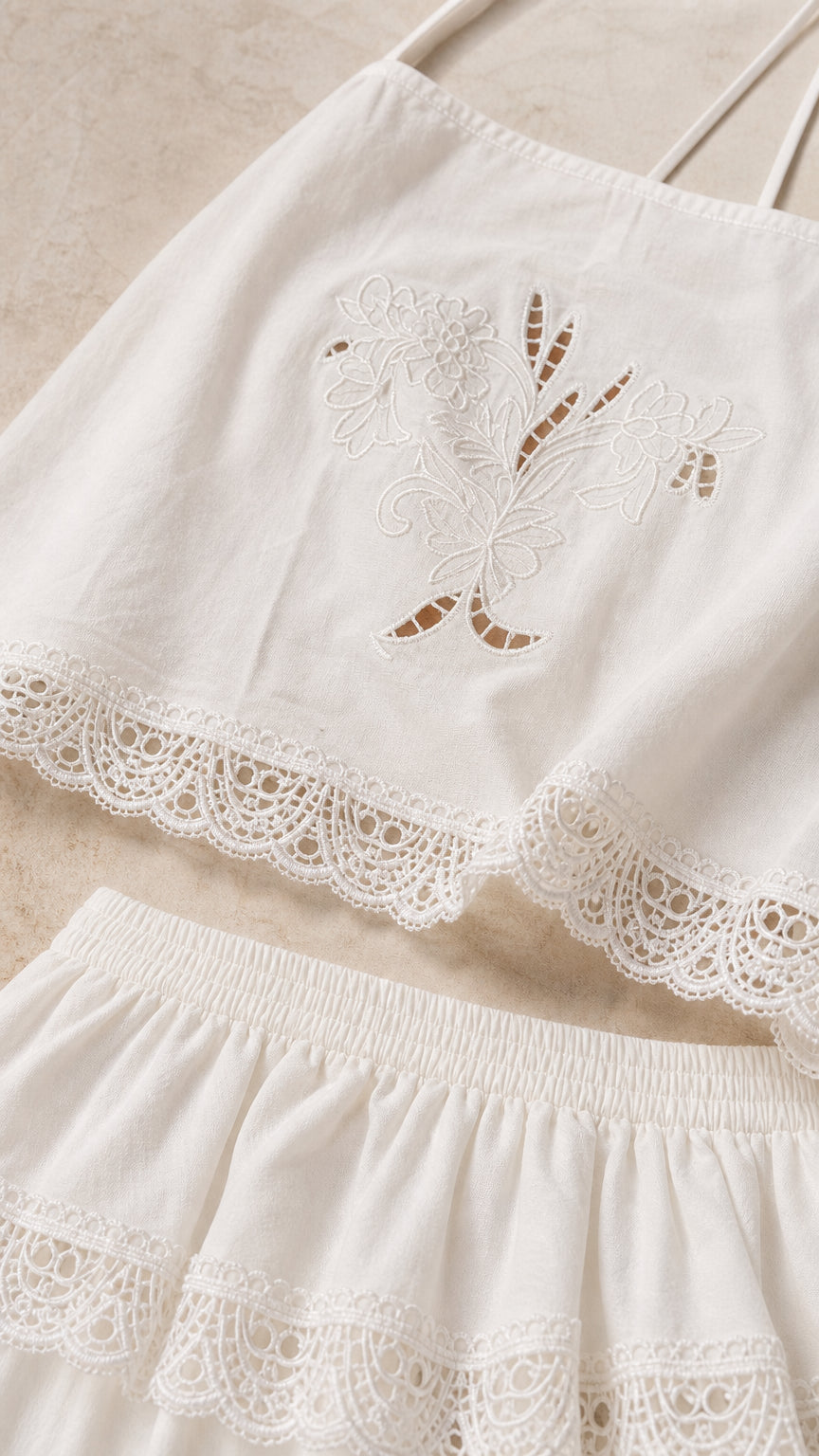 Close-up detail of floral cutout embroidery and scalloped lace hem on white set