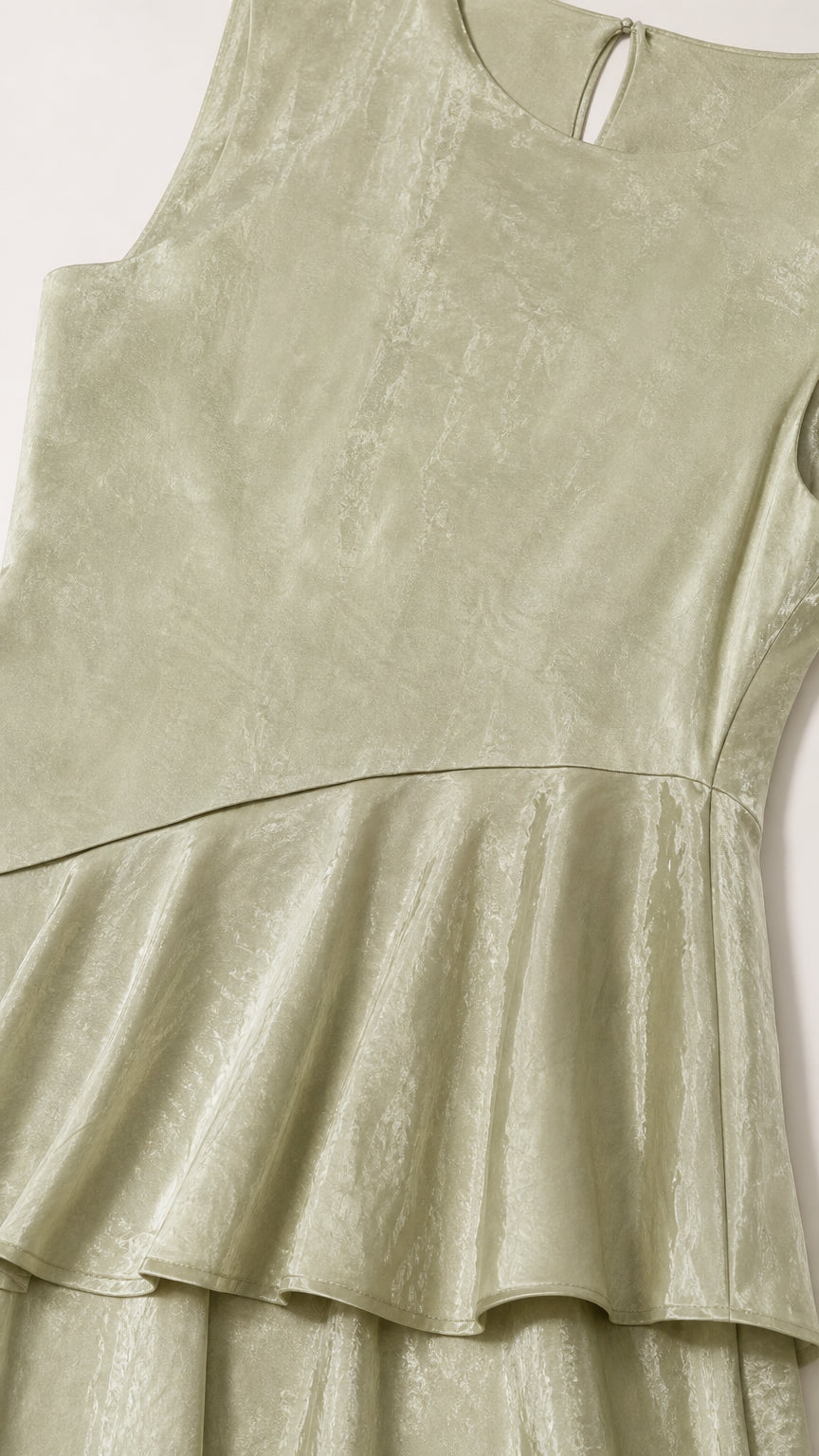 Close-up detail of sage green textured fabric and tiered ruffle seam