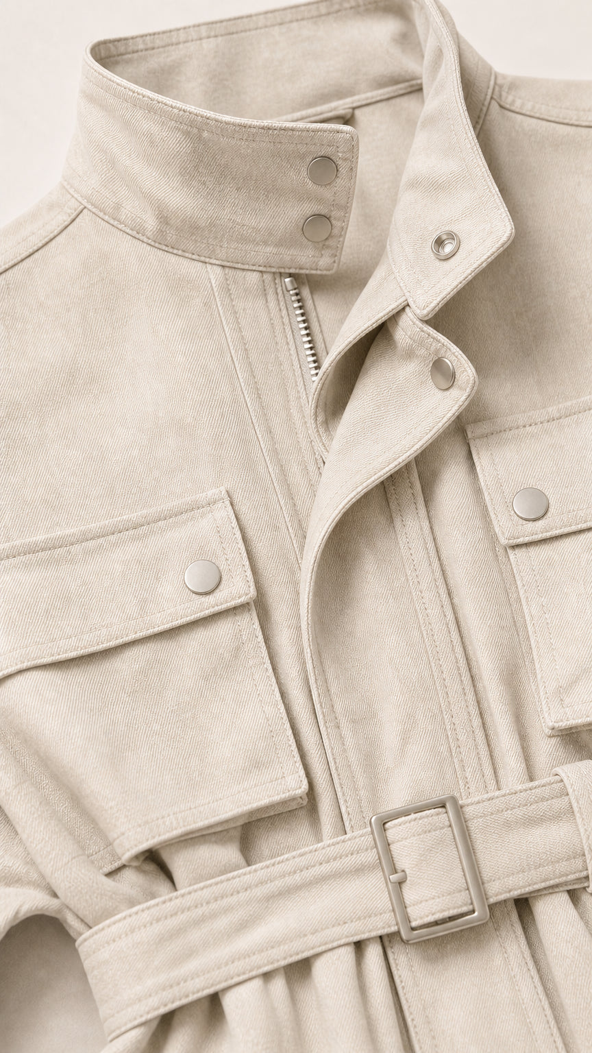 Close-up of jacket collar, zipper, chest pockets, and belt