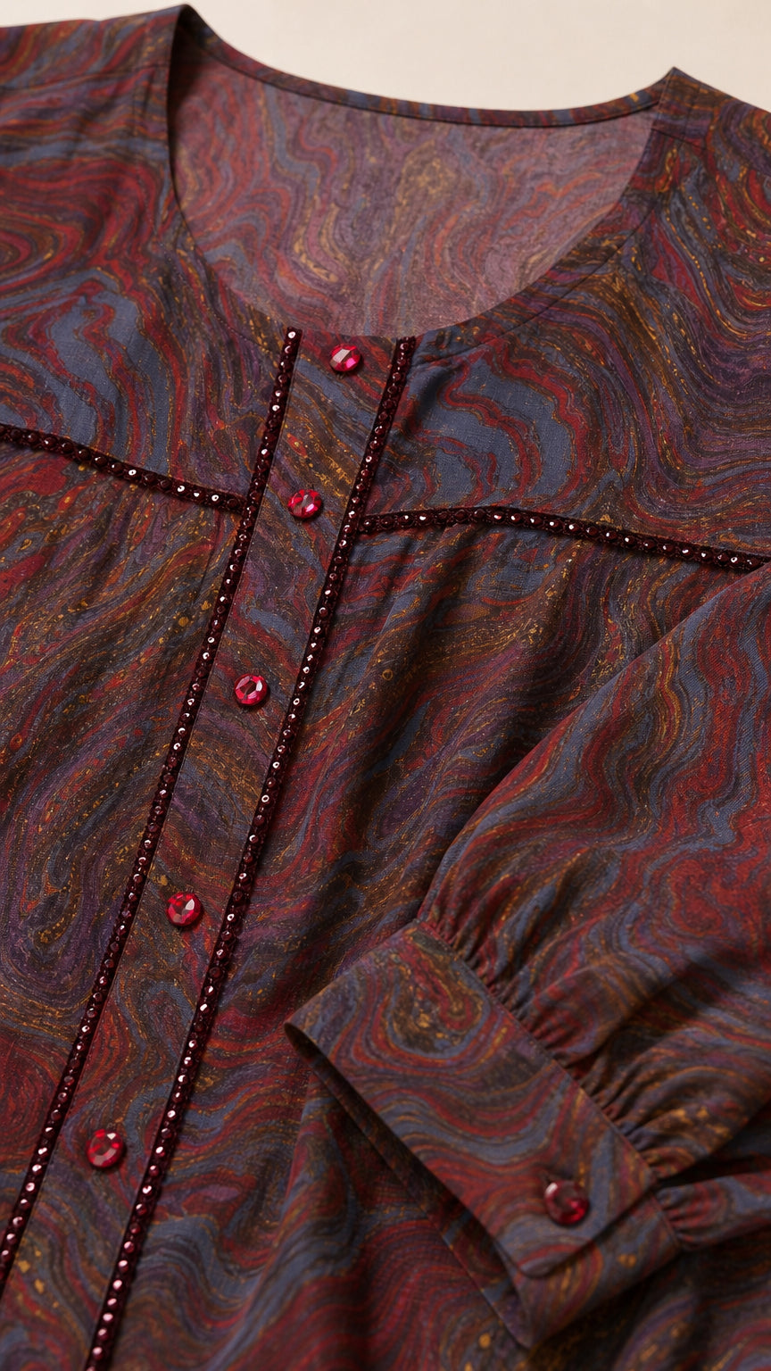 Close-up detail of scoop neckline, beaded trim piping, and button placket