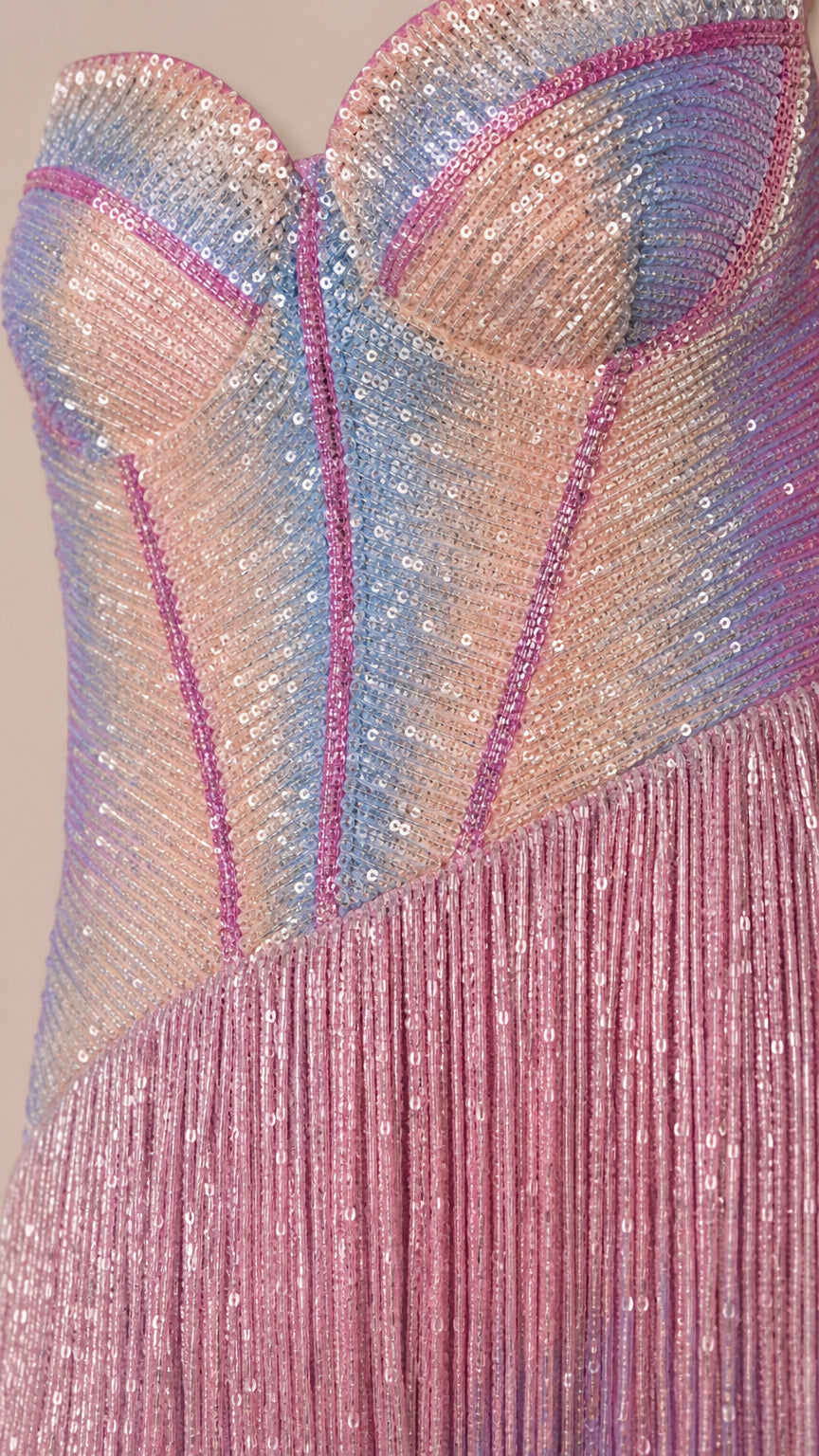 Close-up detail of sweetheart bodice and sequin texture
