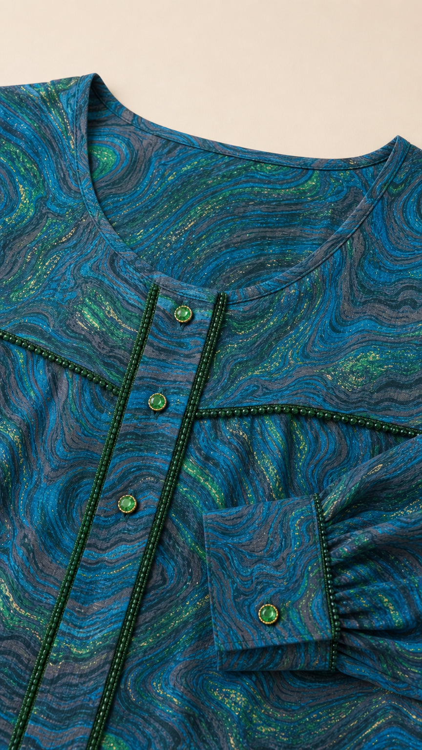 Close-up detail of neckline, decorative piping, and button cuff on Teal Blue dress