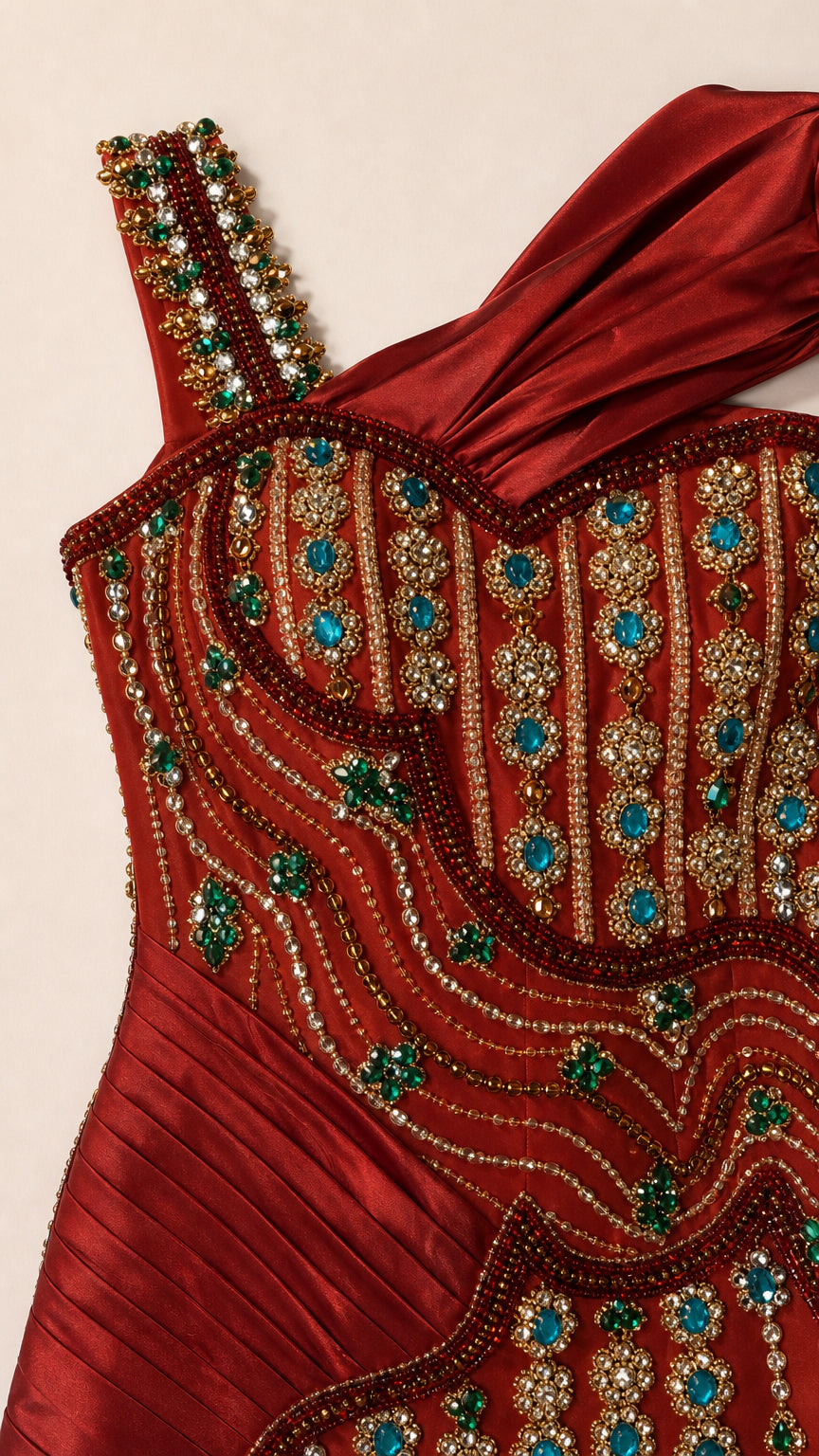 Close-up detail of gemstone beadwork and satin waist