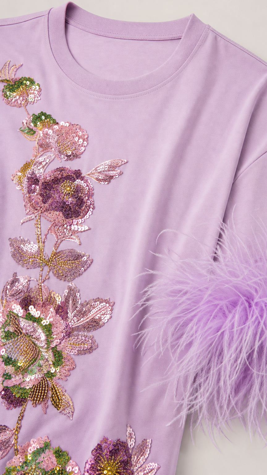 Close-up detail of sequin floral embroidery on lavender top
