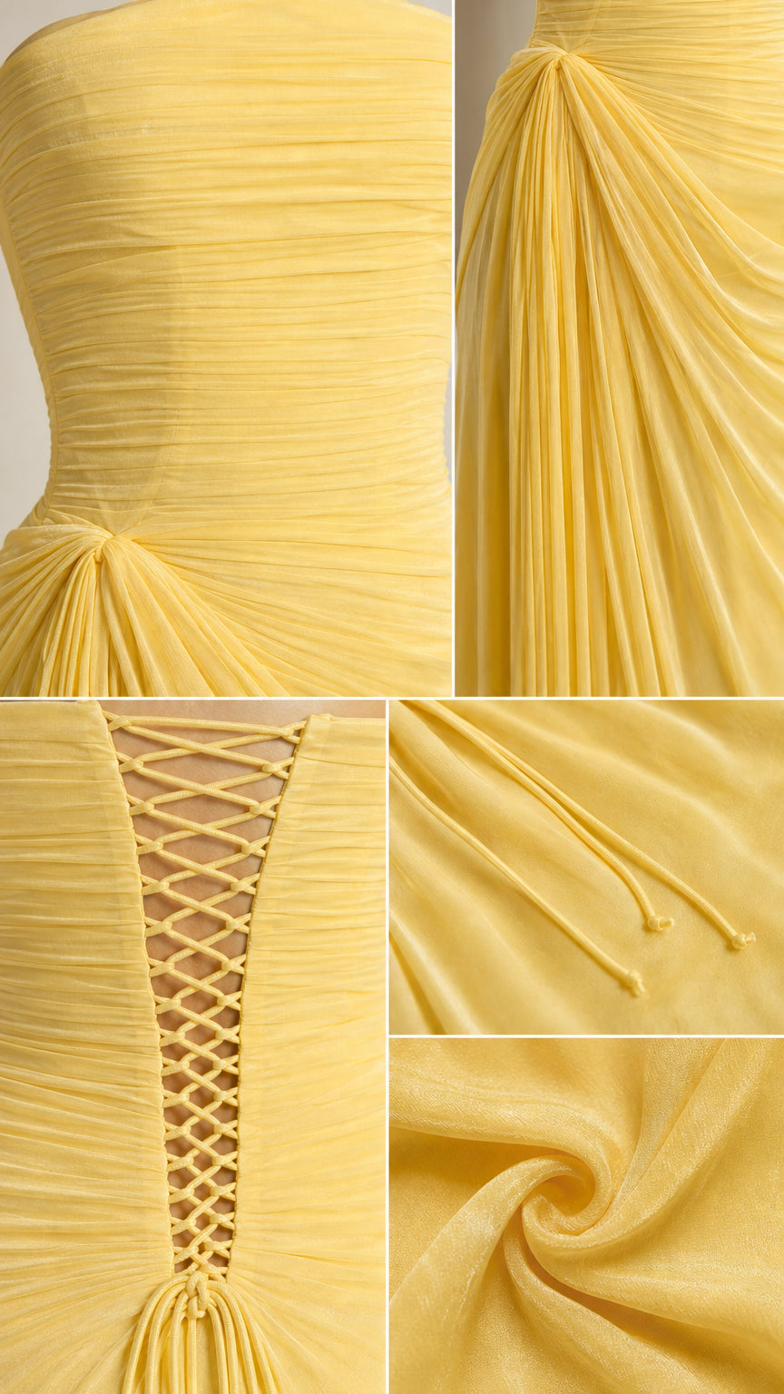 Close-up details of ruched texture, side drape gathering, and corset ties on yellow gown