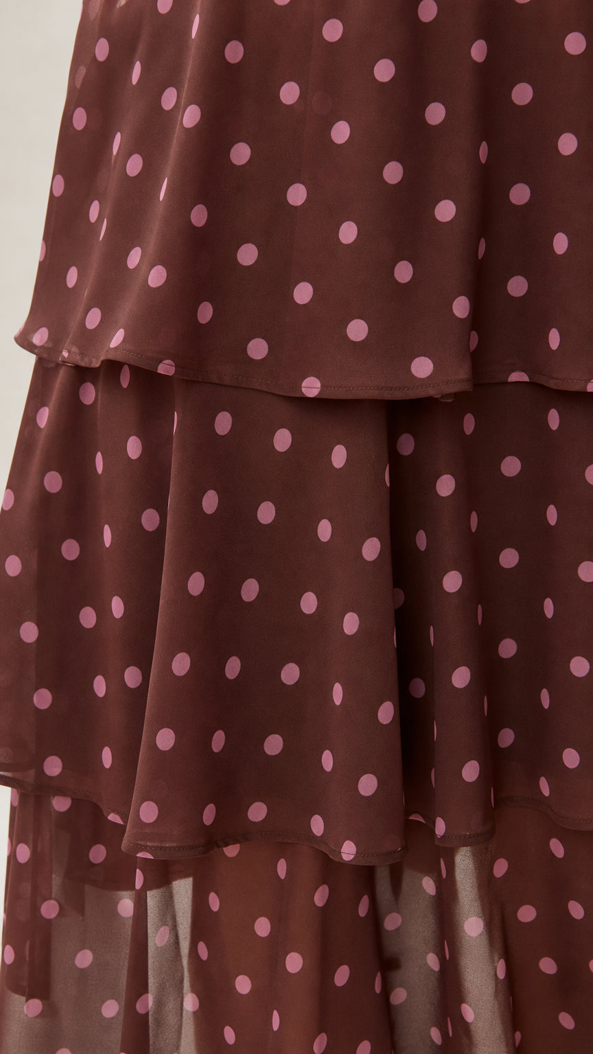 Close-up detail of the layered ruffled hem and polka dot pattern