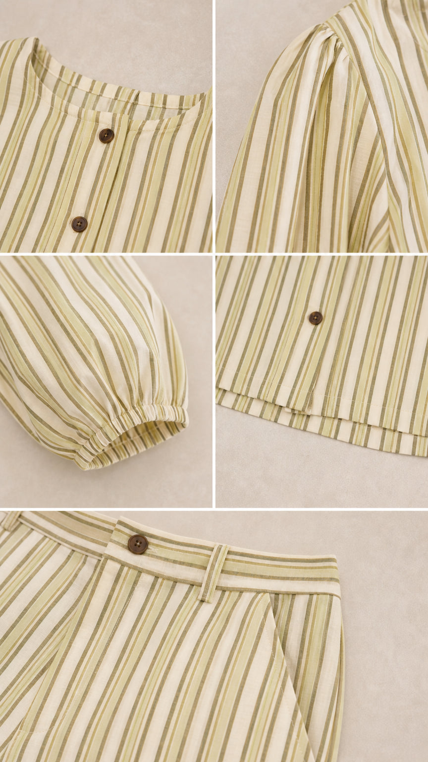 Close-up details of buttons, cuffs, and waistband on the sage set