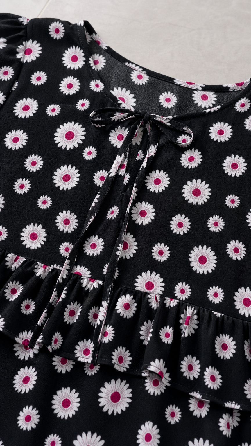 Close-up detail of keyhole tie neckline and ruffle trim on black daisy print top