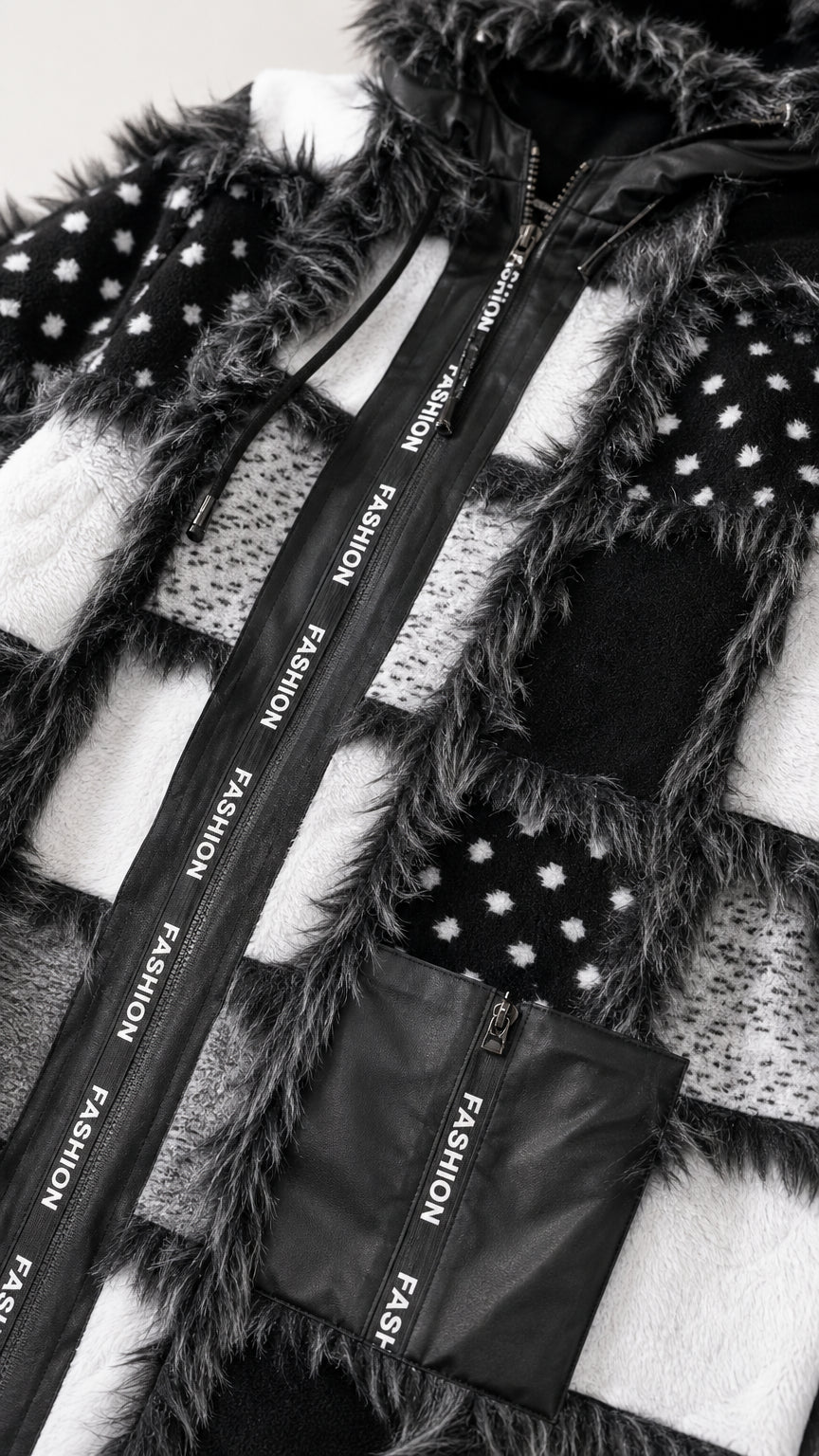 Close-up detail of zipper, letter tape trim, and pocket on black faux fur coat