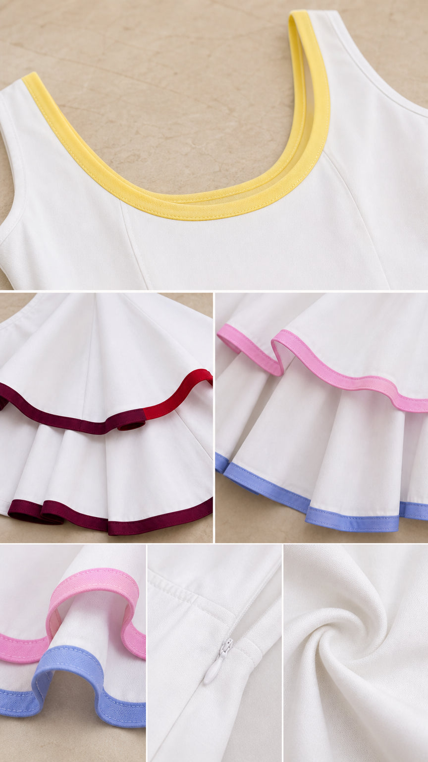 Close-up details of neckline, piping, zipper, and fabric texture