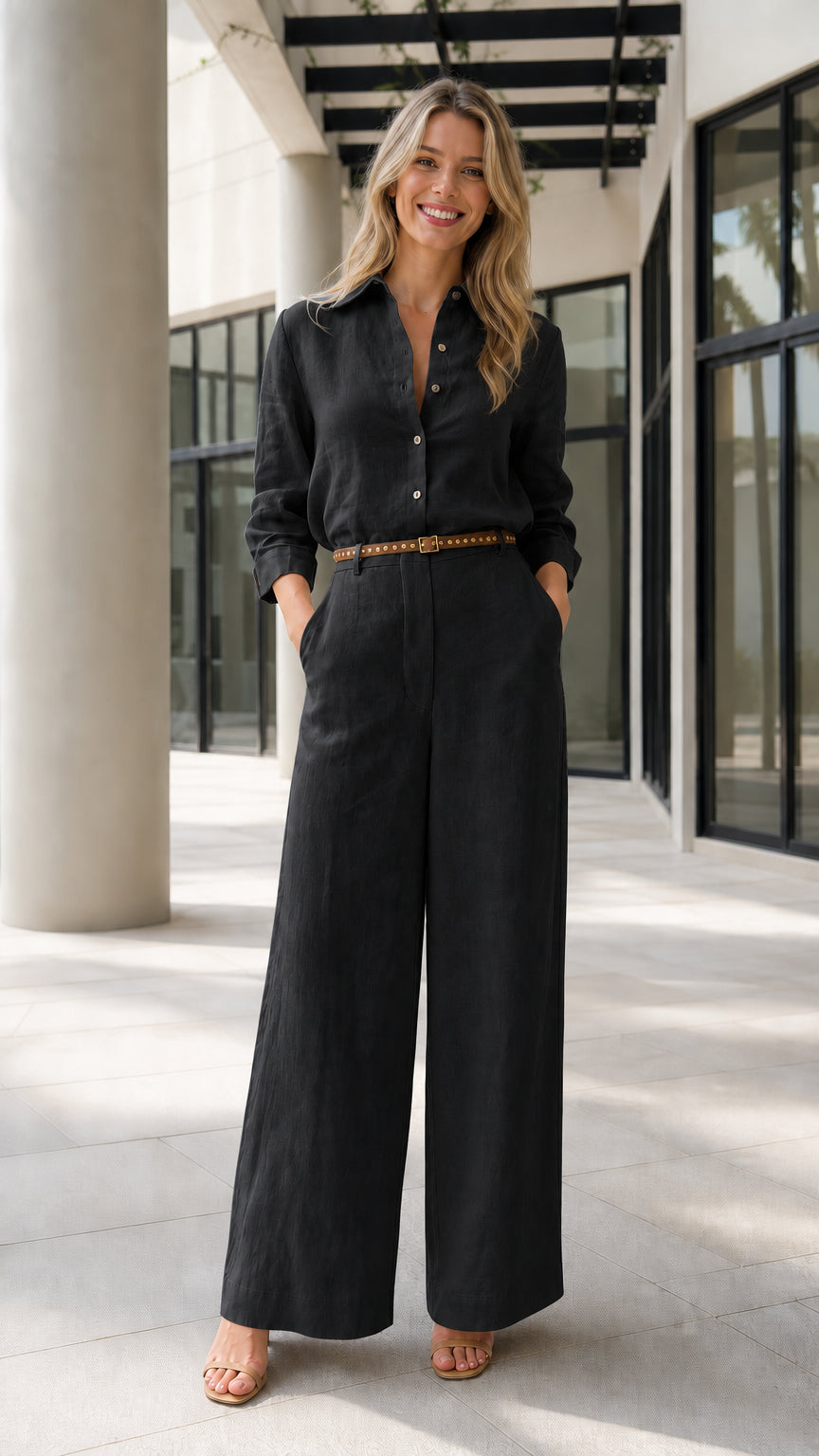 Front view of woman wearing black button-up wide-leg jumpsuit