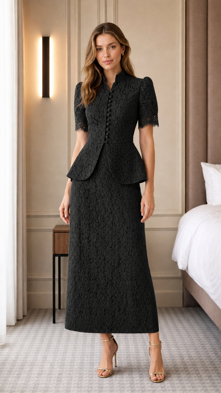 Full view of woman wearing black lace peplum skirt set
