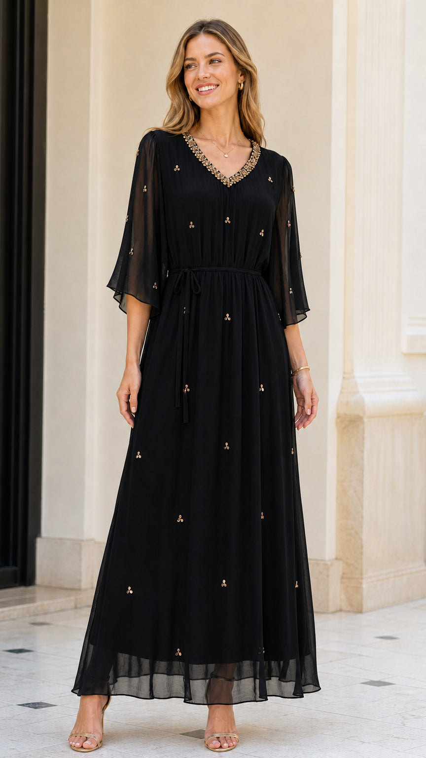 Front view of model wearing Black embellished chiffon maxi dress