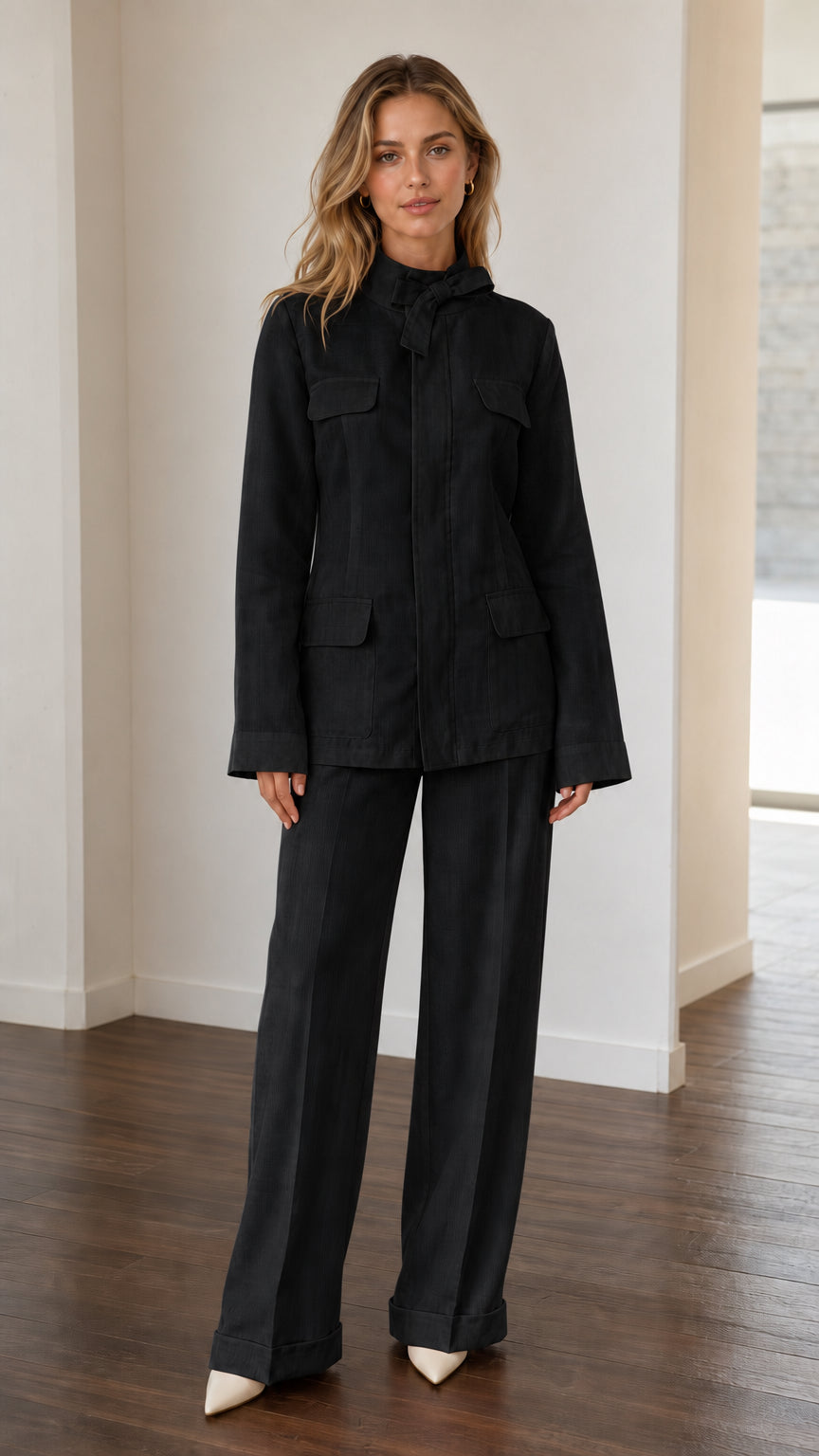 Front view of woman wearing Black utility pant suit set