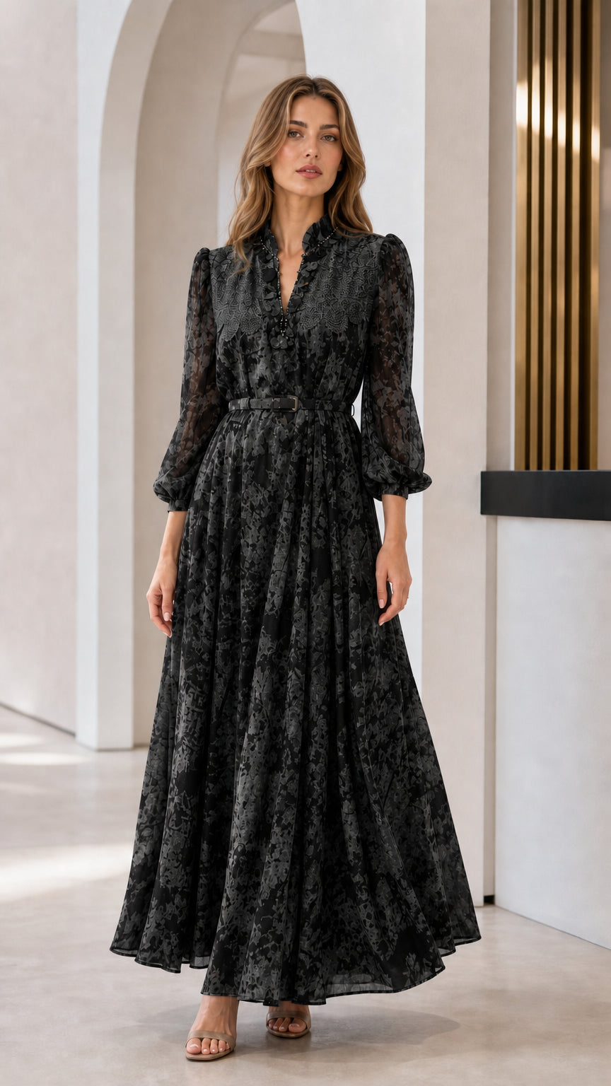 Model wearing black floral long sleeve maxi dress