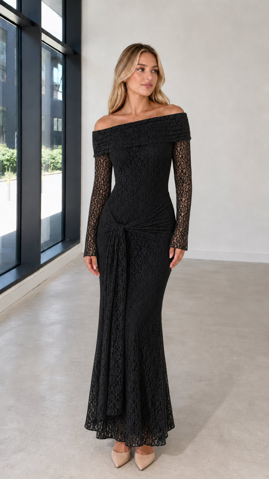 Full front view of model in black lace evening dress