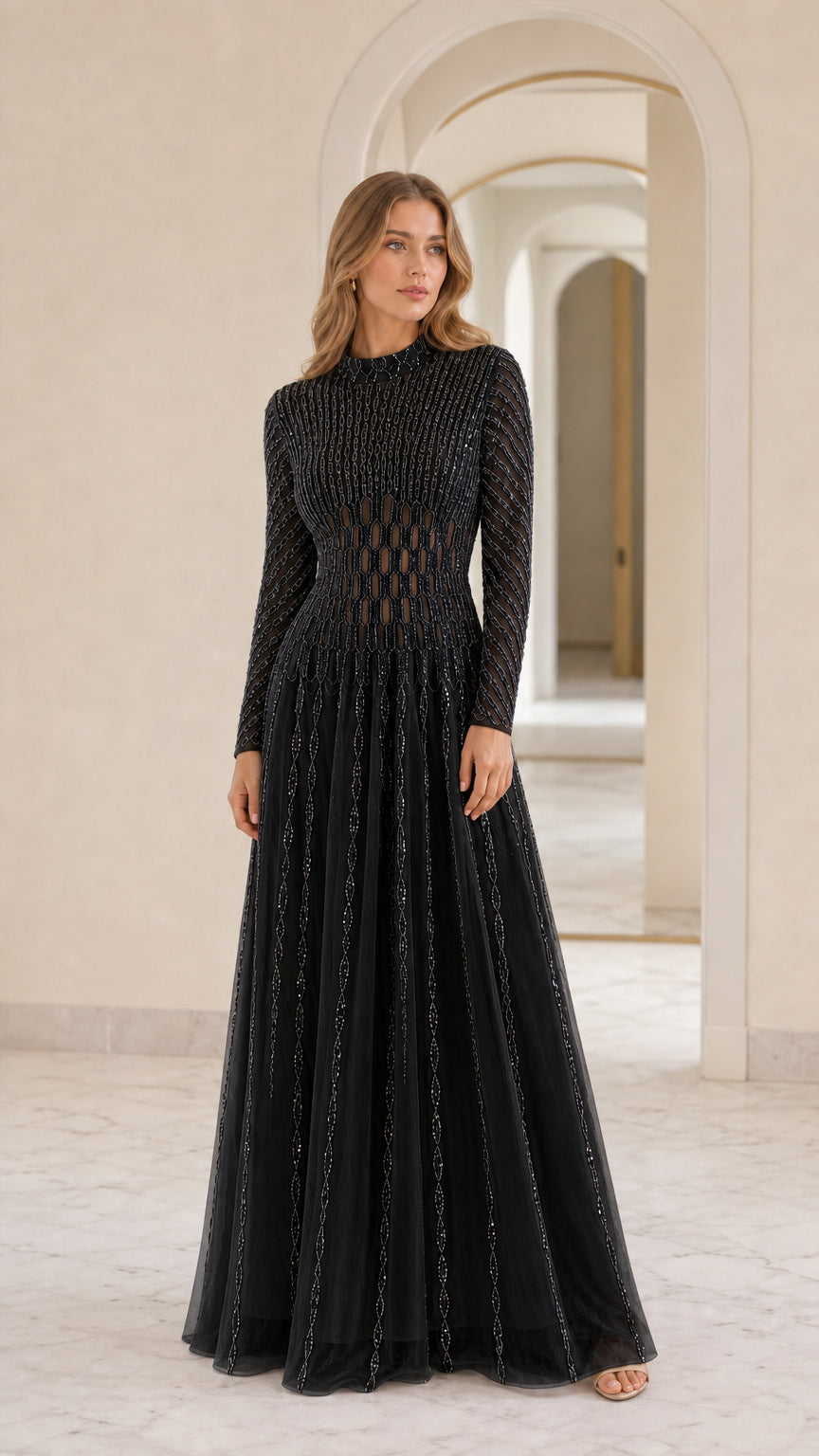 Front view of model wearing black sequin long sleeve maxi dress