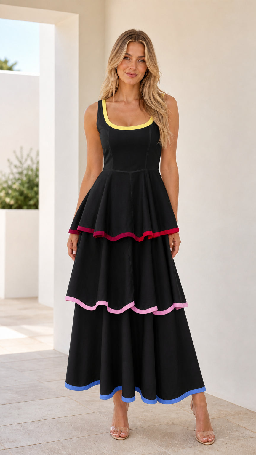 Front view of black contrast trim tiered maxi dress