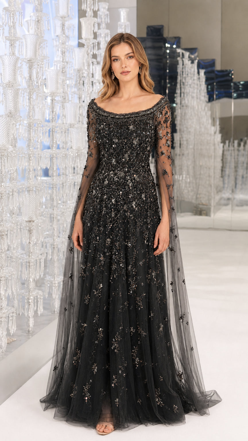 Front view of Black embellished evening gown