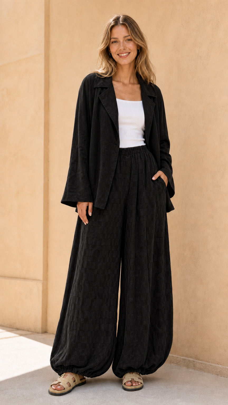 Model wearing black matching blazer and pant set