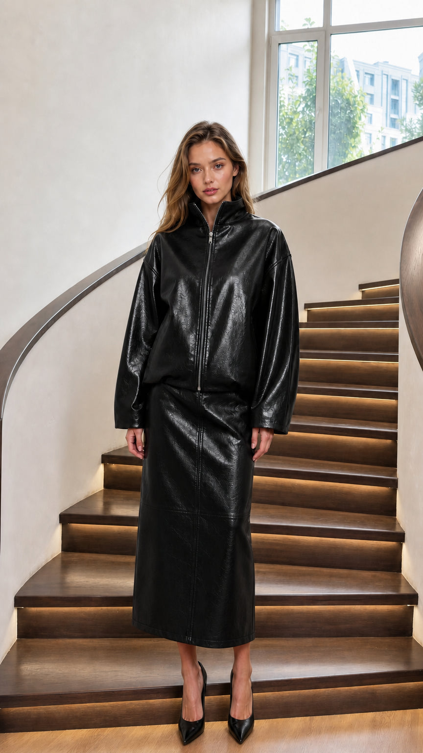 Woman wearing black glossy faux leather matching set