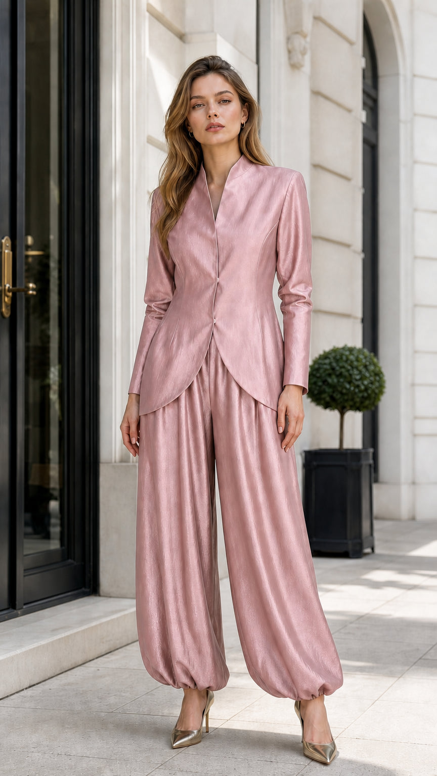 Model wearing metallic pink two-piece set