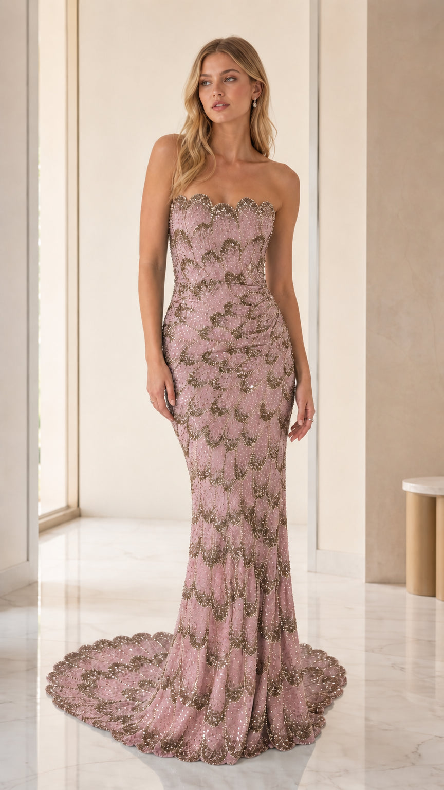 Model wearing rose gold sequin strapless mermaid evening gown