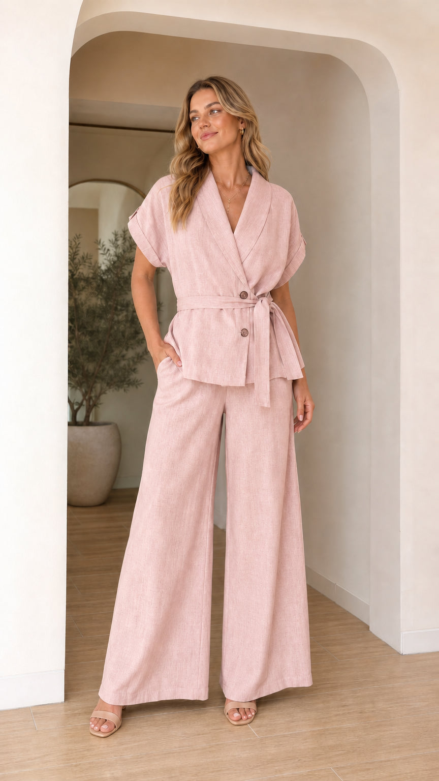 Model wearing blush pink two-piece blazer and wide leg pants set