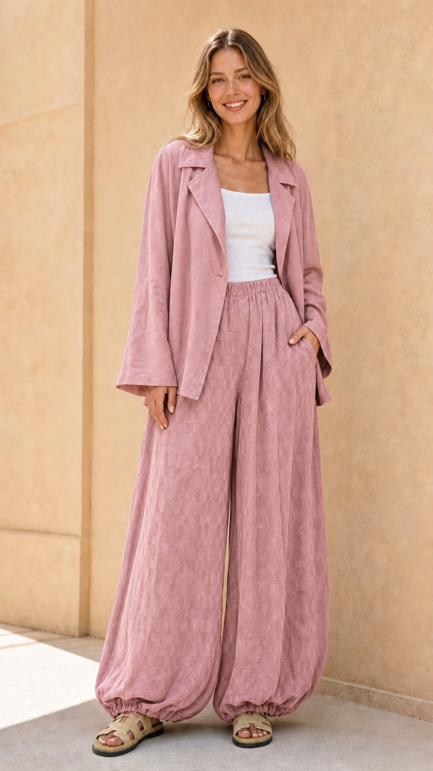 Model wearing dusty pink matching blazer and pant set