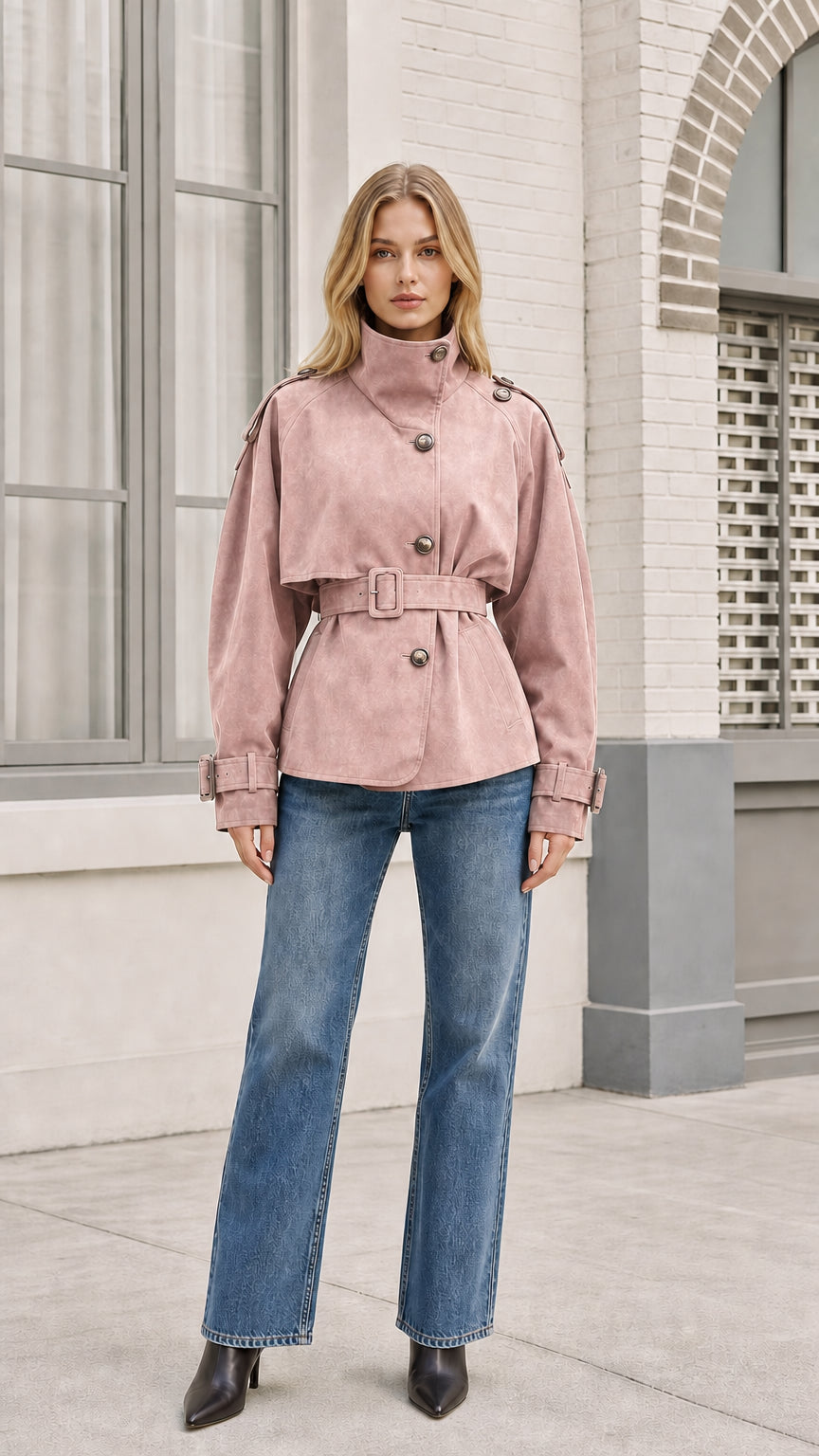 Front view of pink faux suede trench jacket