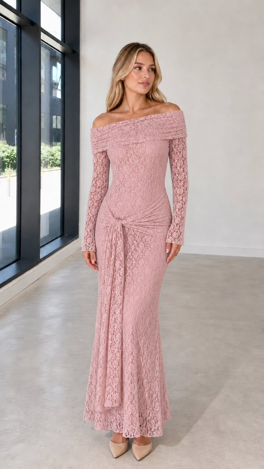 Full front view of model in dusty rose lace evening dress