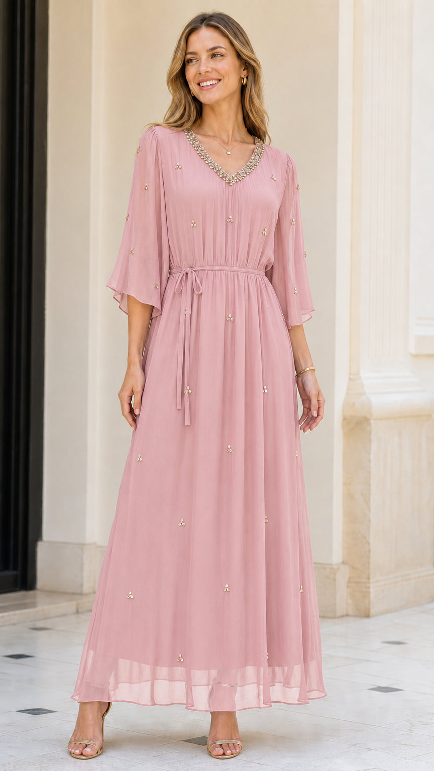 Front view of model wearing Dusty Pink embellished chiffon maxi dress