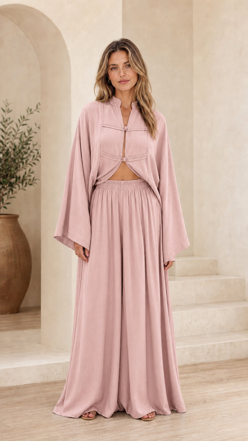 Front full view of pink two-piece set
