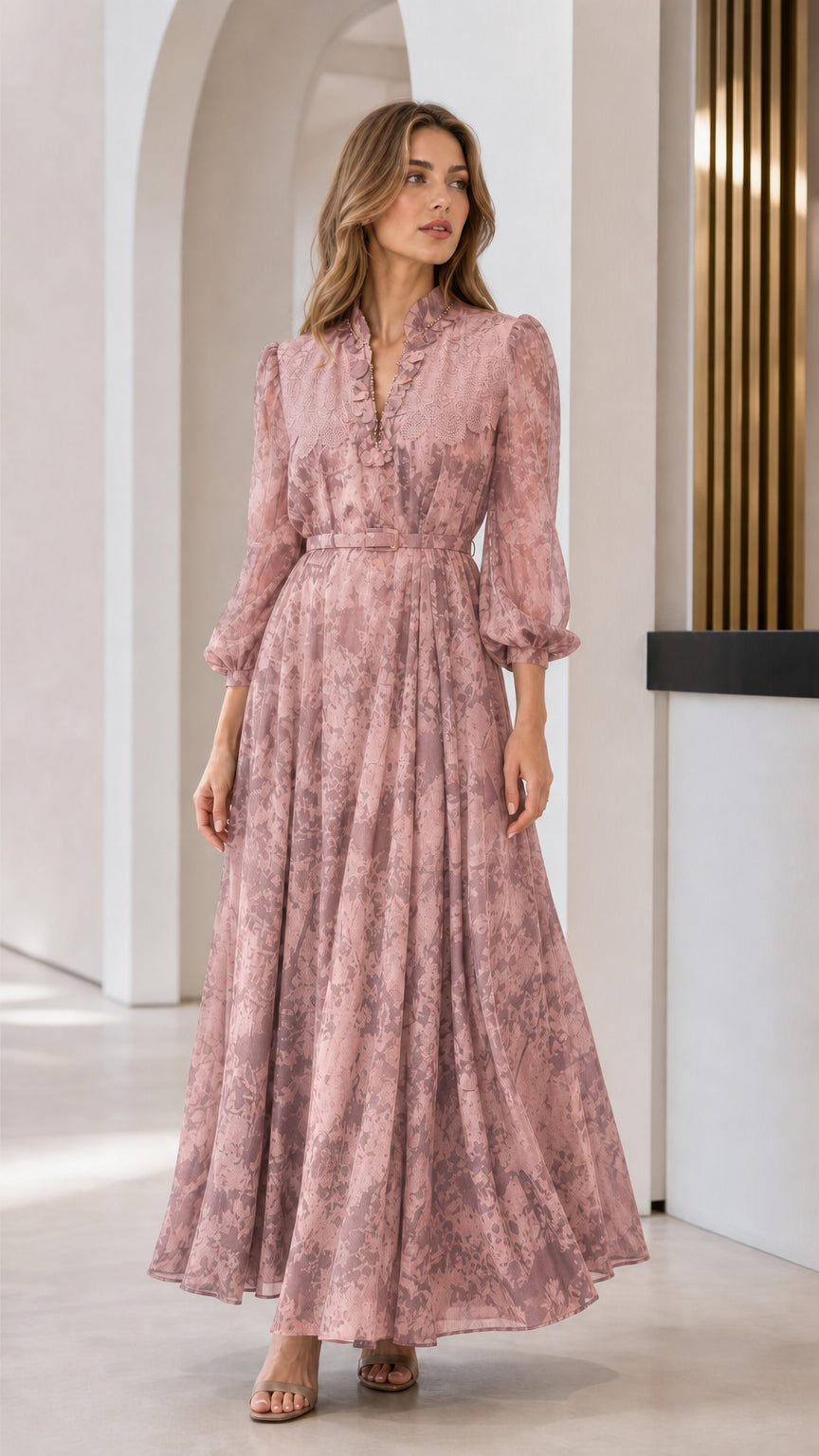 Model wearing blush pink floral long sleeve maxi dress