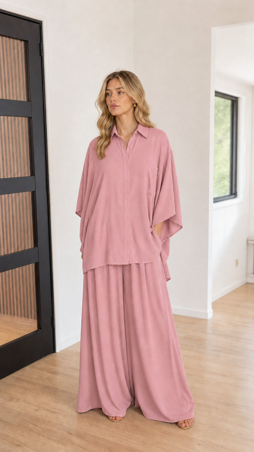 Dusty pink women's relaxed collared top and wide-leg pants set