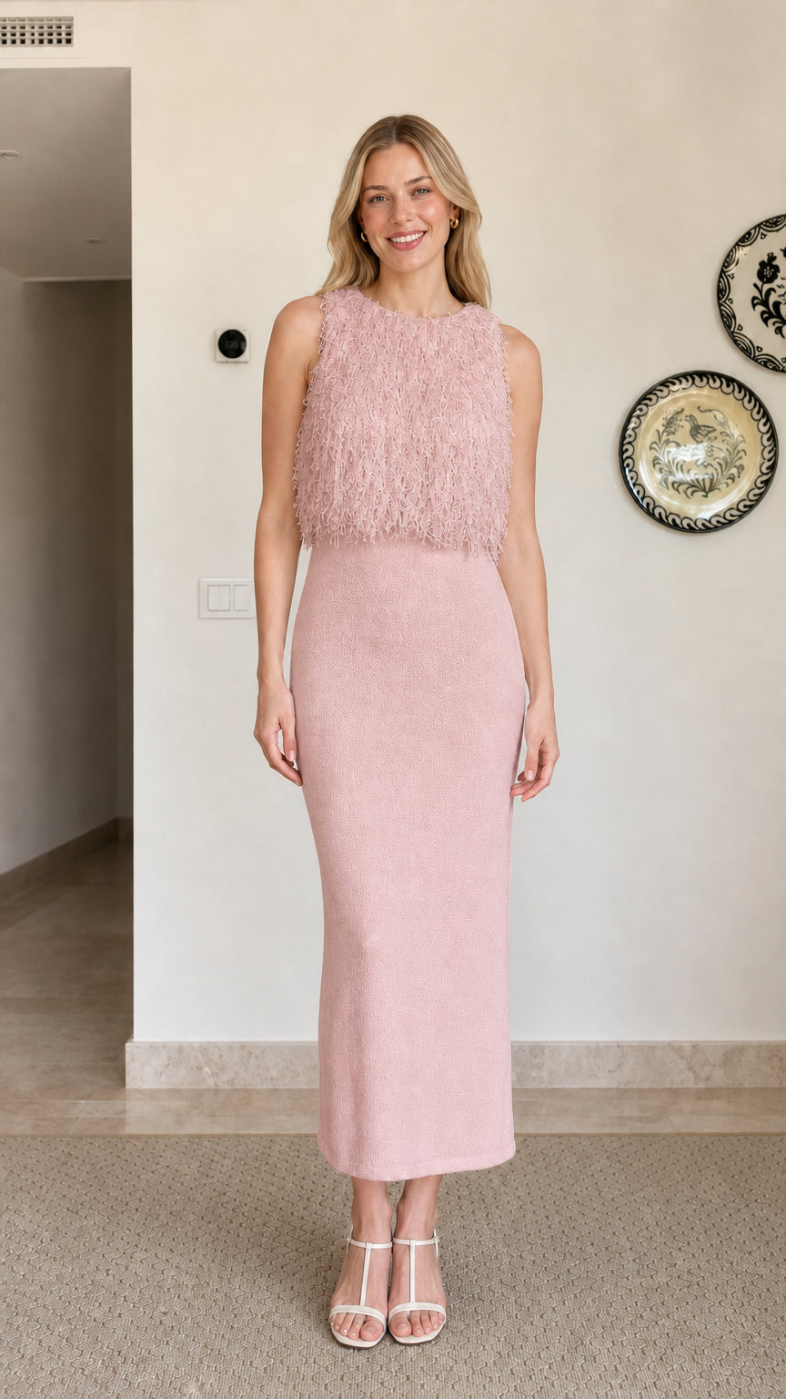 Model wearing pink fringe textured sleeveless midi dress