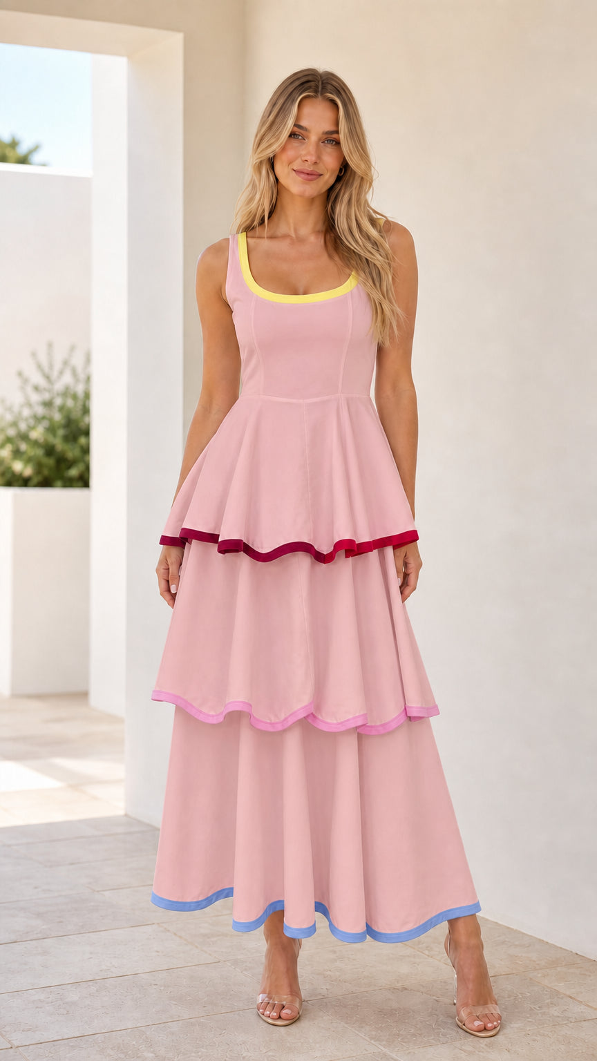 Front view of pink contrast trim tiered maxi dress