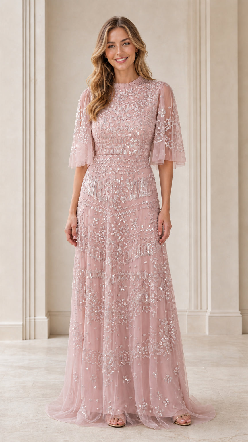 Front view of model wearing pink sequin evening gown